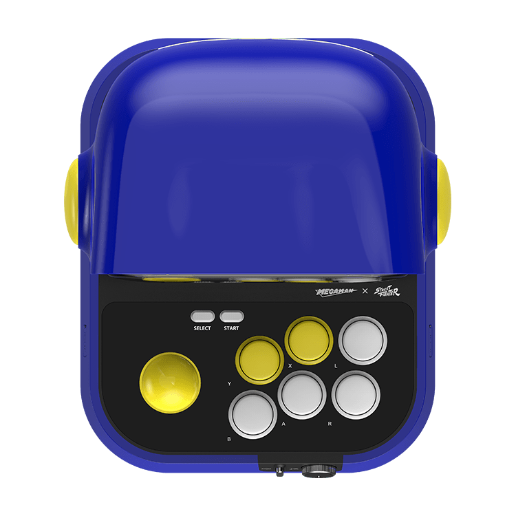 Mando de juego azul y negro. Tiene botones amarillos y una carcasa azul. El diseño es retro.