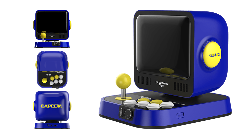 Consola arcade azul con joystick y botones amarillos, vistas laterales.