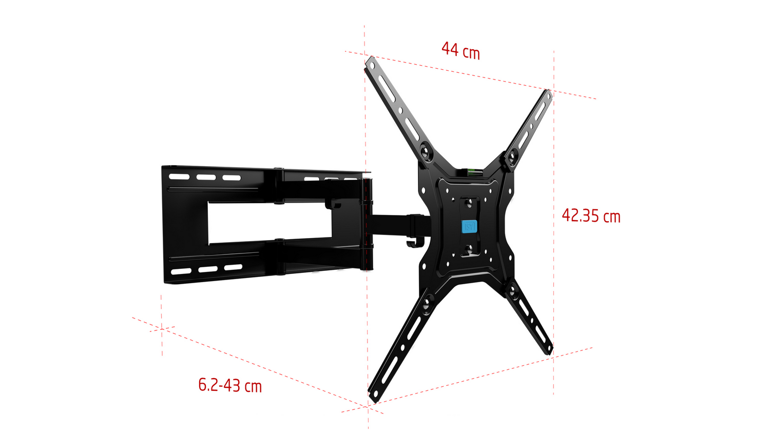 Un soporte de TV negro con dimensiones, que muestra el soporte y el brazo, sobre un fondo blanco.