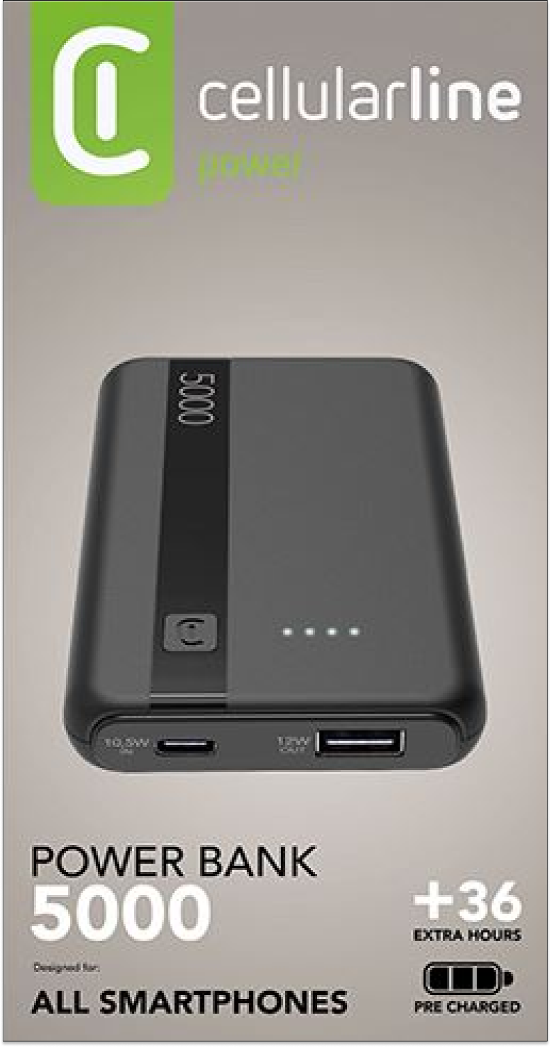 Banco de energía negro con botones y puerto USB. Texto: '5000' y '+36 horas'.