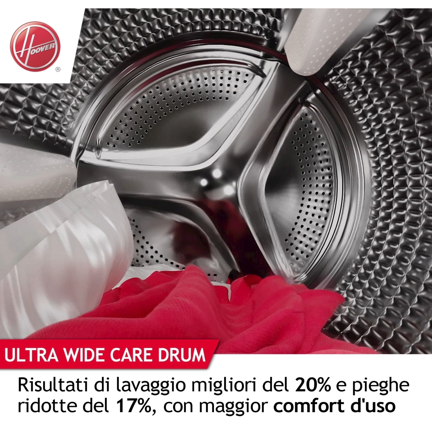 Cesto della lavatrice con panni rossi. Testo sui migliori risultati di lavaggio.