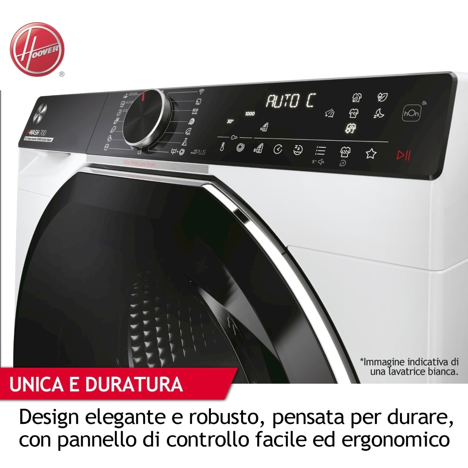Una lavatrice bianca con pannello di controllo nero. Testo in italiano: "UNICA E DURATURA" (unica e duratura).