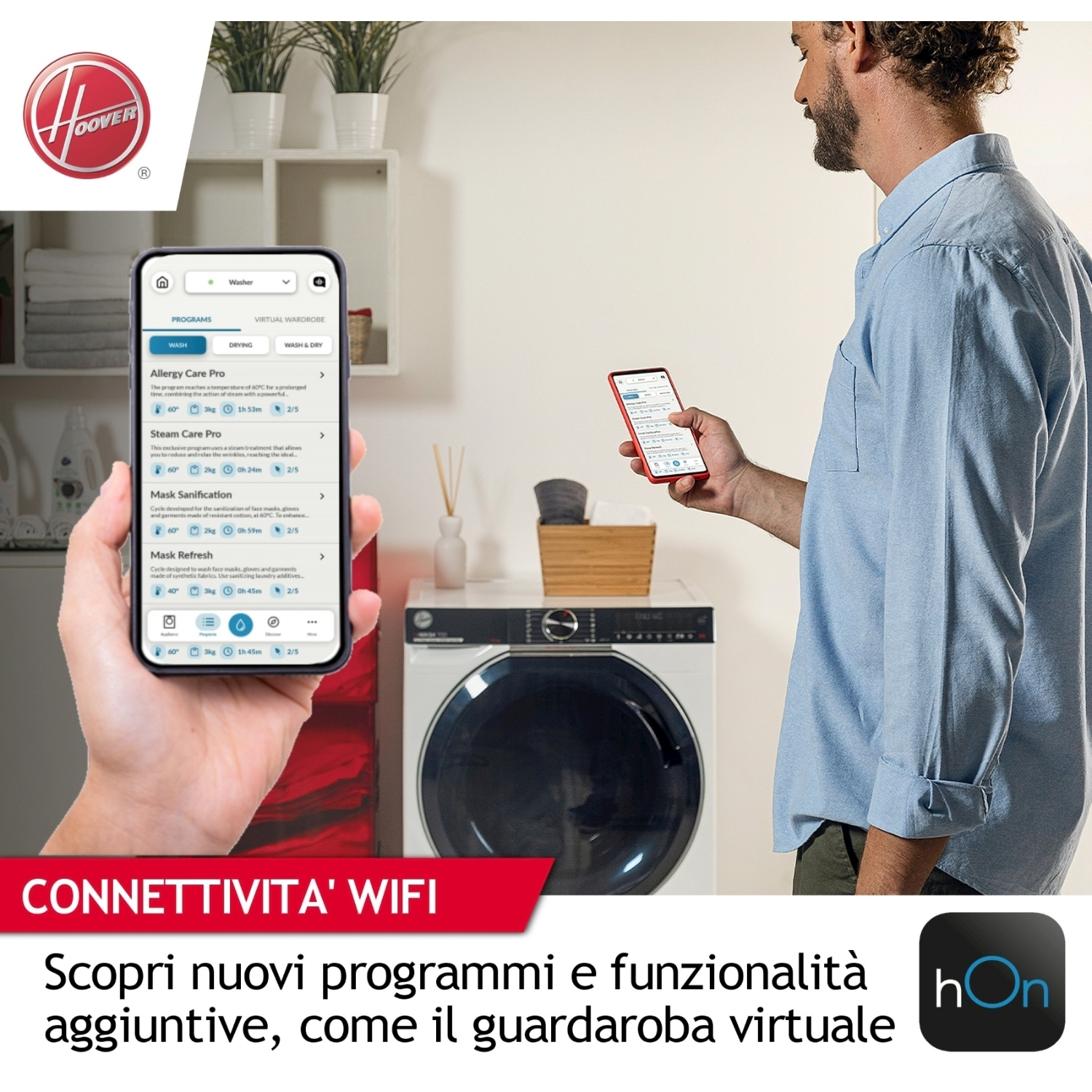 Un uomo usa un telefono che mostra le funzioni dell'app, con una lavatrice sullo sfondo.