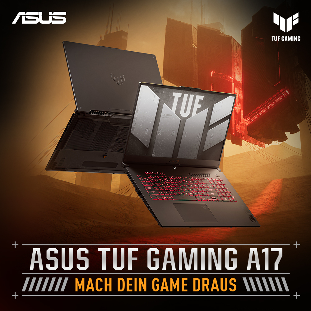 Zwei Laptops, einer geöffnet, auf roter Oberfläche mit Text darunter.