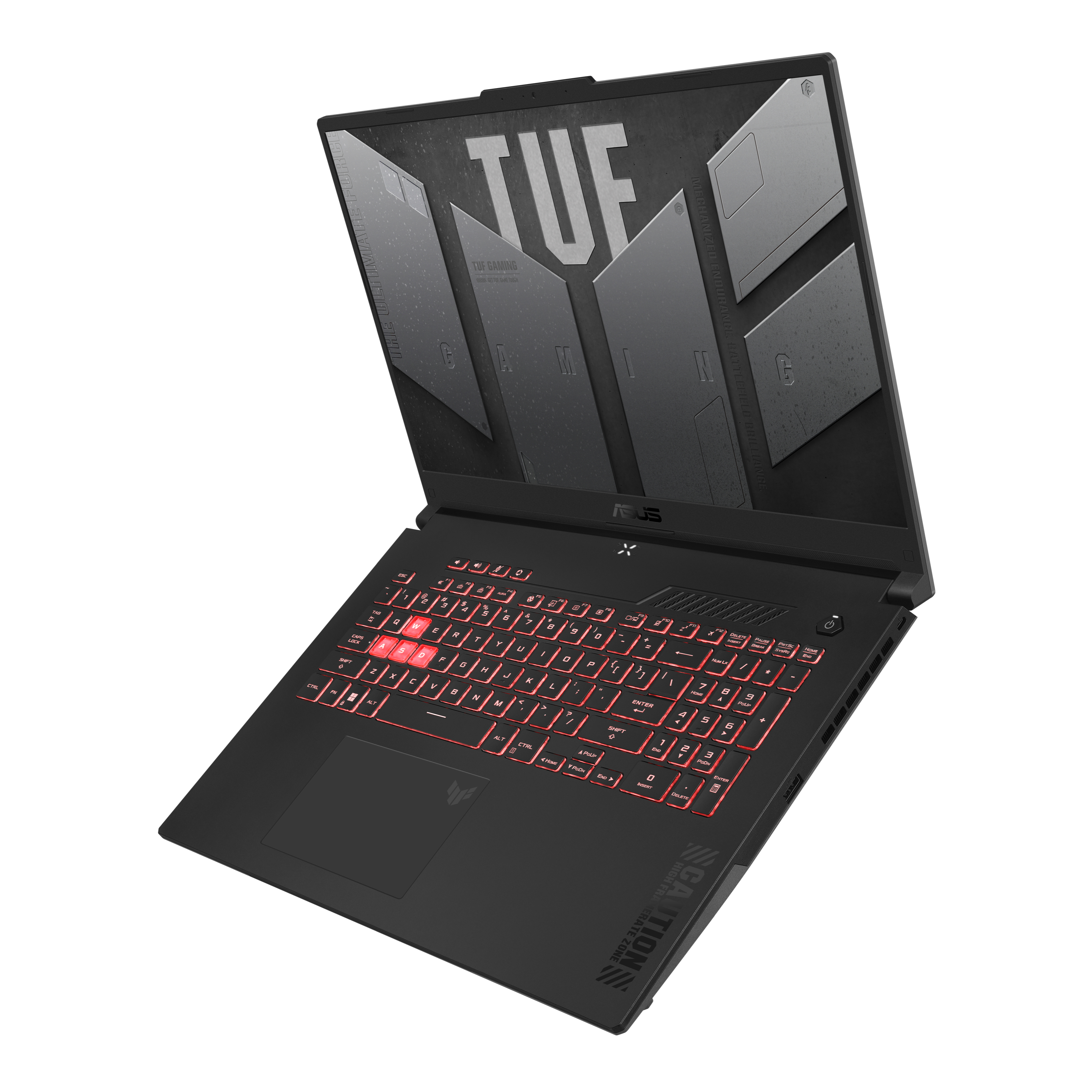 Schwarzer Asus TUF Gaming-Laptop mit roter Tastaturbeleuchtung, geöffnet auf weißem Hintergrund.