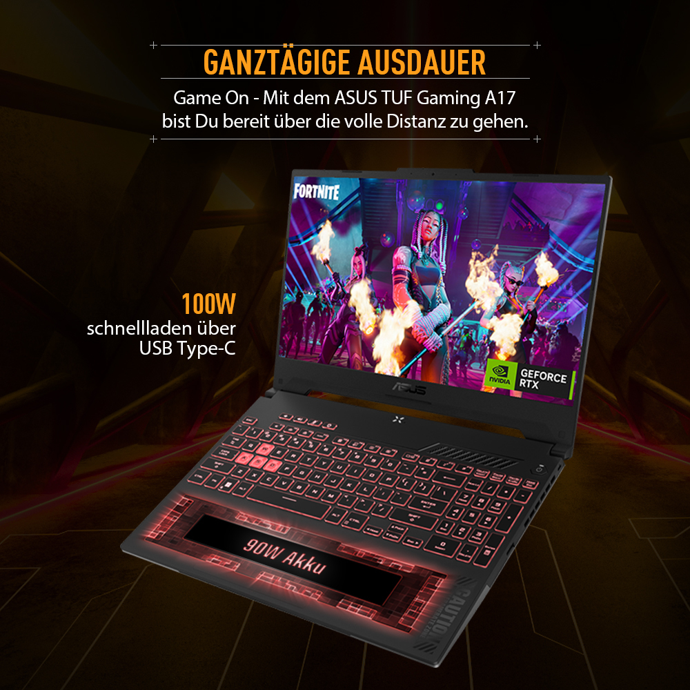 Laptop mit leuchtender Tastatur, Fortnite-Spielbildschirm, Text über seine Funktionen.