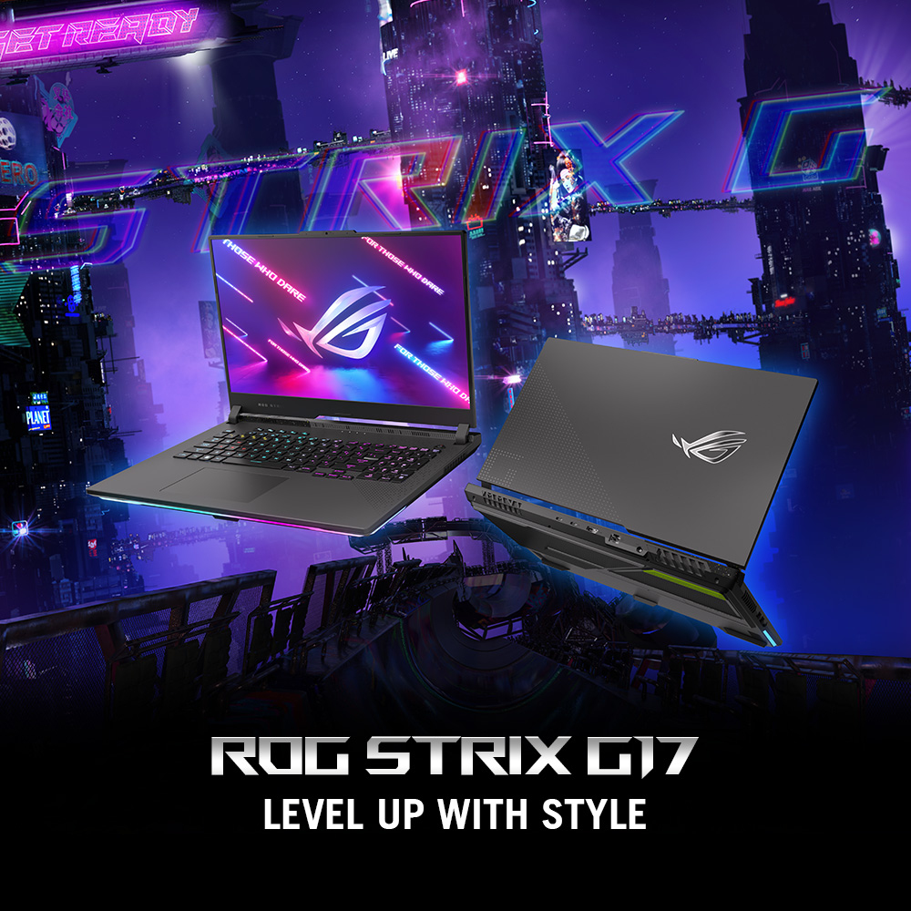 Zwei Laptops, einer geöffnet, auf futuristischem Hintergrund. „ROG STRIX G17“ und „LEVEL UP WITH STYLE“ sind sichtbar.