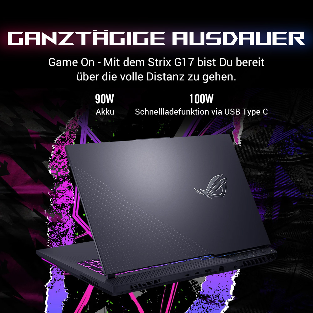 Gaming-Laptop mit Text: "GANZTÄGIGE AUSDAUER" und Spezifikationen zu Akku und Aufladen.