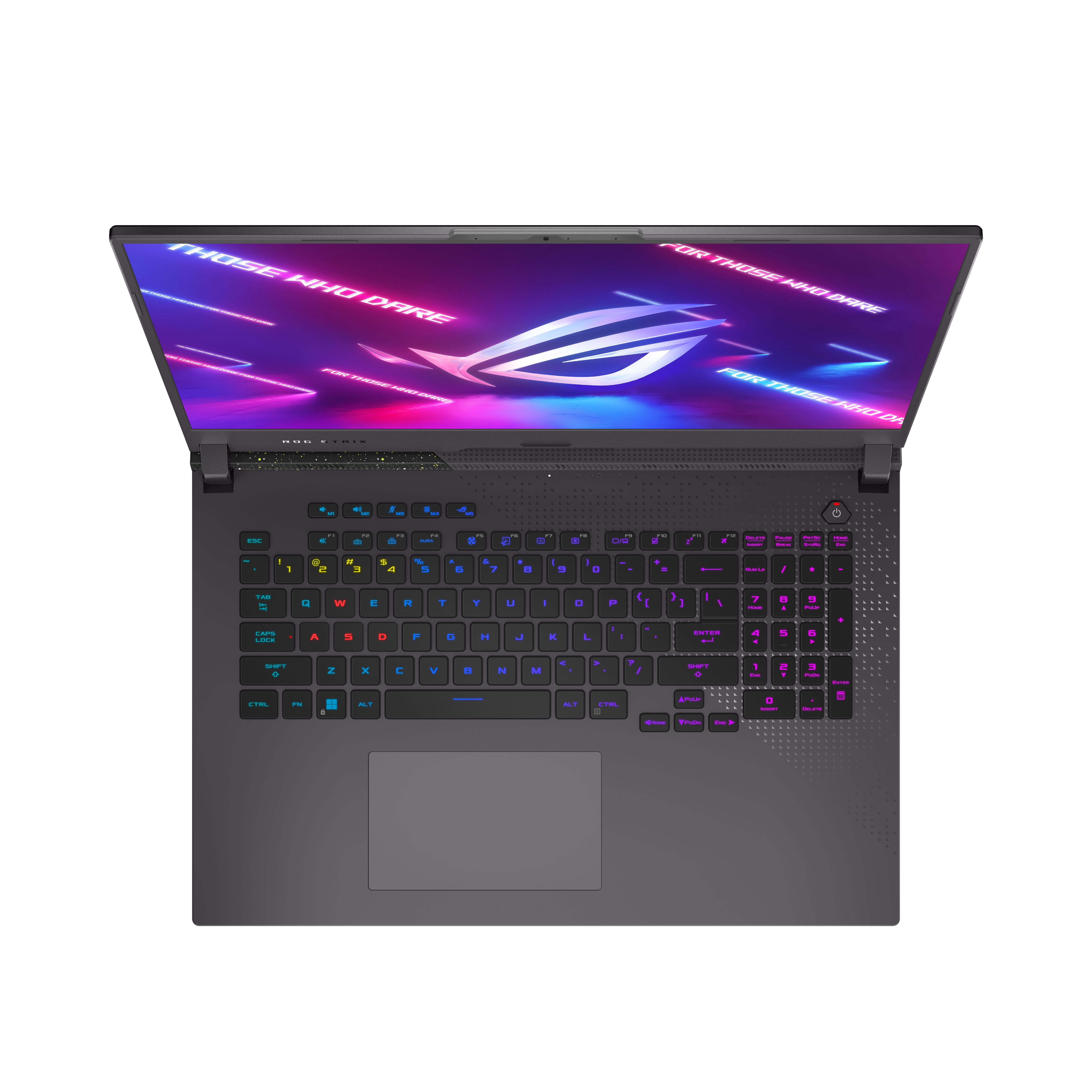 Laptop, geöffnet, von oben. Tastatur mit bunten Lichtern beleuchtet, Bildschirm zeigt Logo.