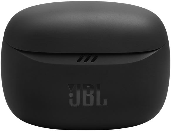 Fekete JBL fülhallgató töltőtok, JBL logóval és töltőfényekkel.