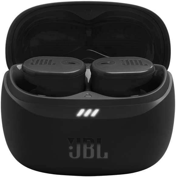 Fekete JBL fülhallgatók fekete töltőtokban. Három fehér fény látható.
