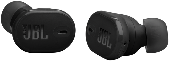 Két fekete JBL fülhallgató. A bal oldali a JBL logót mutatja.