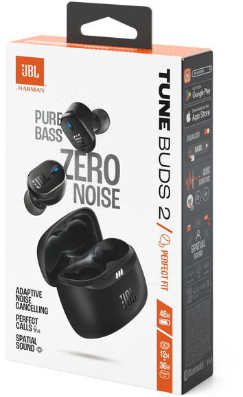 JBL Tune Buds 2 fülhallgató doboza fekete fülhallgatókkal és termékinformációkkal.
