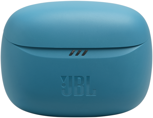 Kék JBL fülhallgató tok. Ez egy zárt, ovális tok, három fekete vonallal az elején.