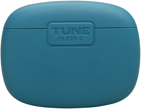Türkizkék töltőtok, 'TUNE BUDS 2' felirattal, Harman International Industries szöveggel.