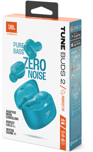 JBL Tune Buds 2 fülhallgatók doboza. A fülhallgatók türkizkékek, türkiz tokkal. A szöveg: 'ZERO NOISE'.