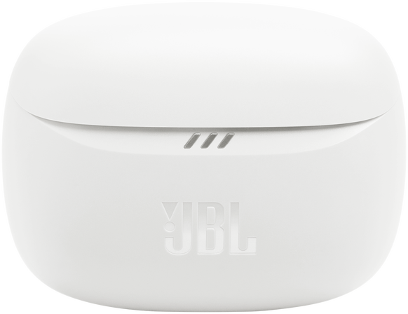 Fehér JBL fülhallgató töltőtok. JBL logó és három kis sáv van az elején.