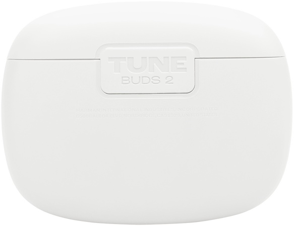 Fehér fülhallgató tok, tetején a "TUNE BUDS 2" felirattal.