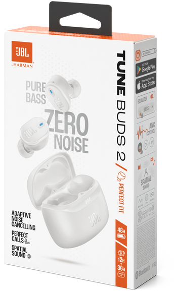 JBL Tune Buds 2 doboz fülhallgatókkal és funkciókkal.