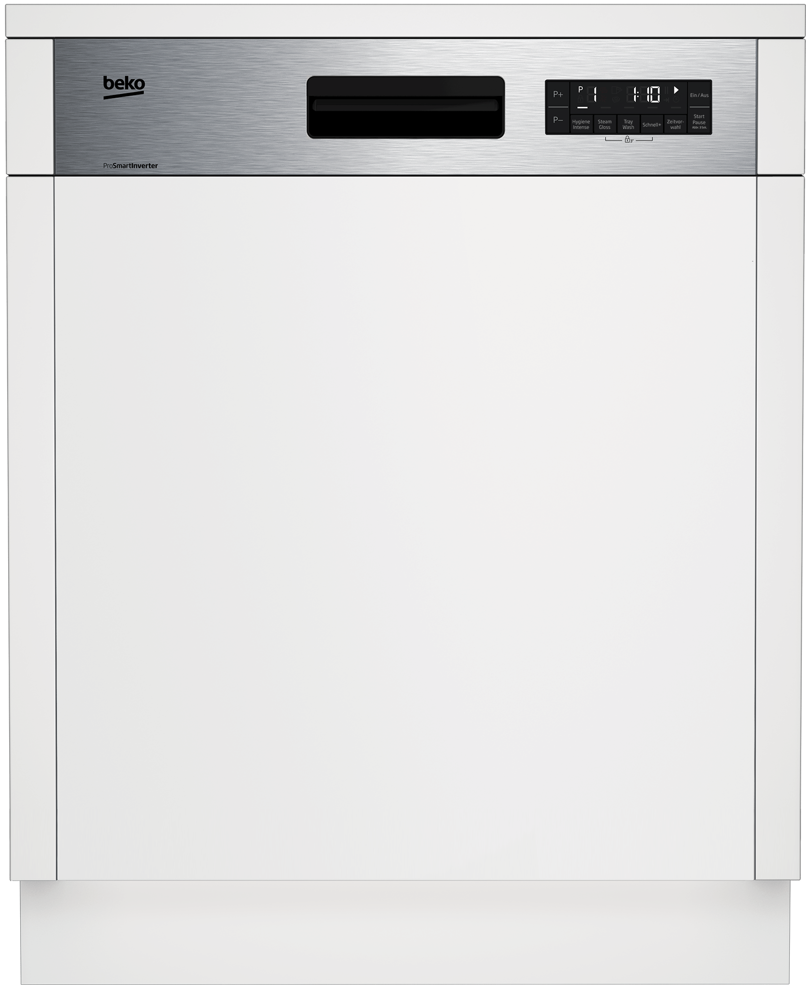 Weiße Beko Spülmaschine, geschlossen. Silberne Blende mit Display und Knöpfen oben.
