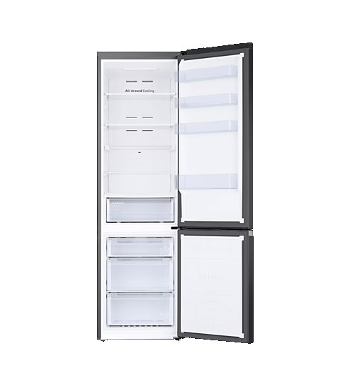 Czarna lodówka Samsung z otwartymi drzwiami, odsłaniająca półki i szuflady.