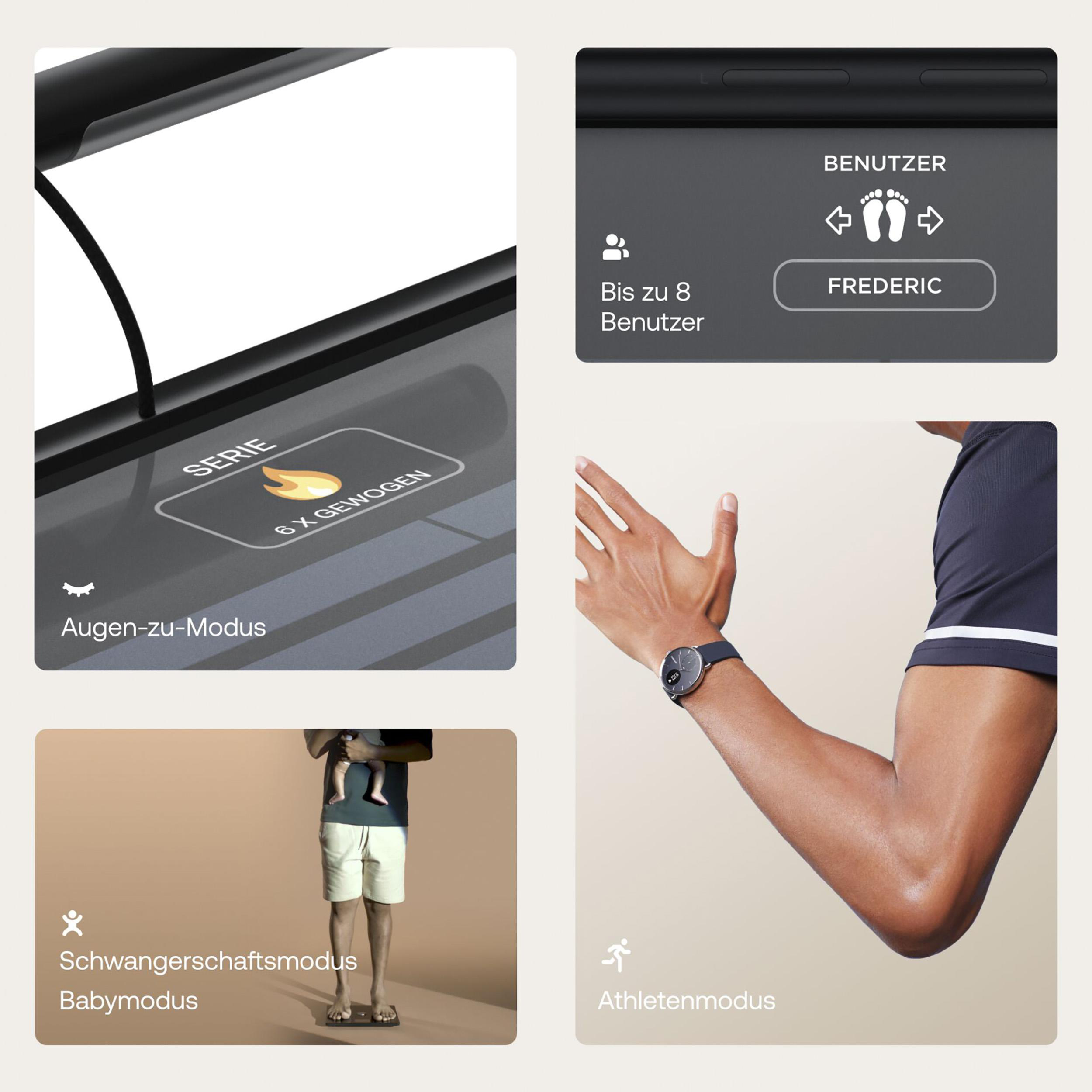 Collage mit Funktionen: Benutzerprofil, Schwangerschaftsmodus, Athletenmodus und mehr.