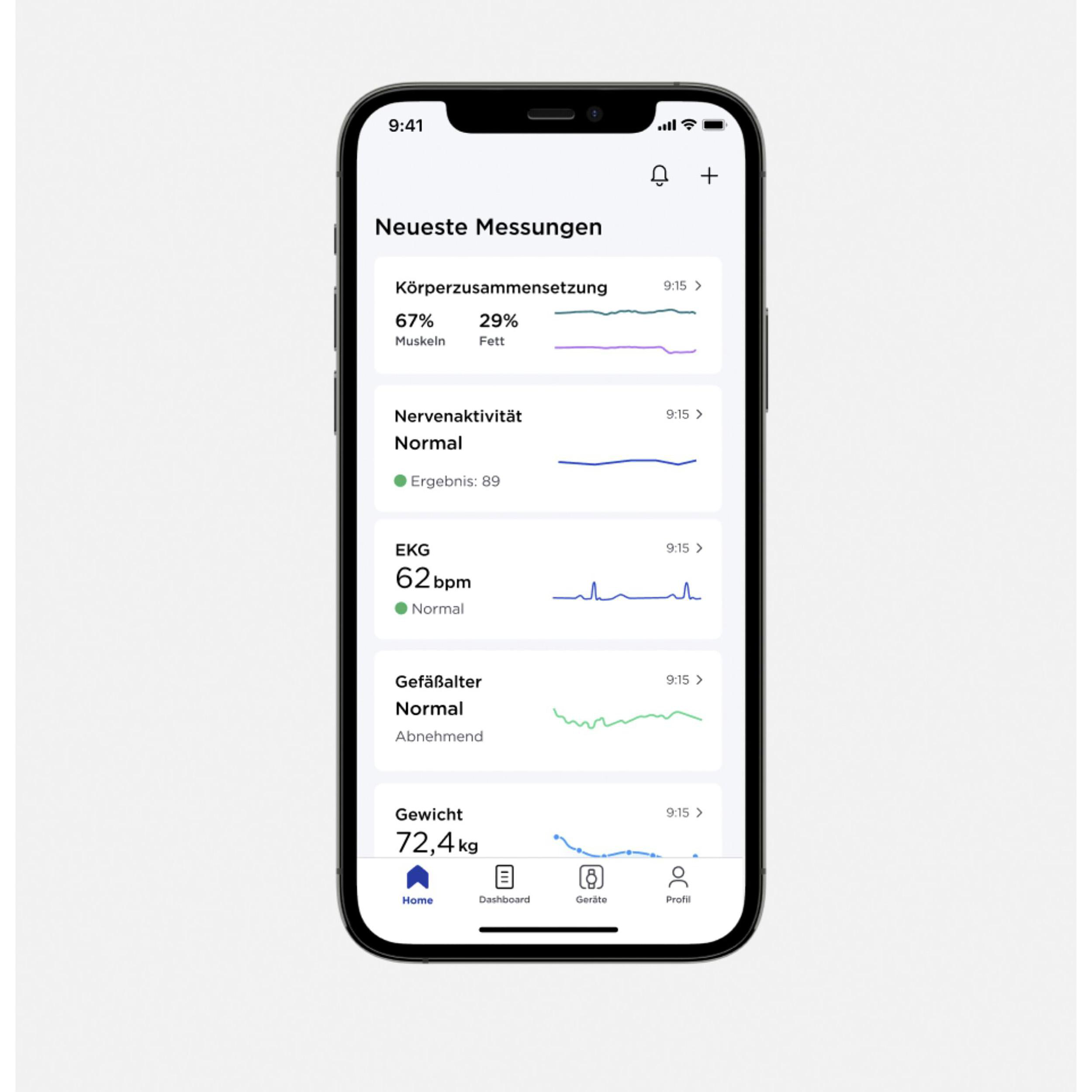 Ein Smartphone-Bildschirm, der Gesundheitsmetriken anzeigt, einschließlich Muskel-, Fett- und EKG-Daten.