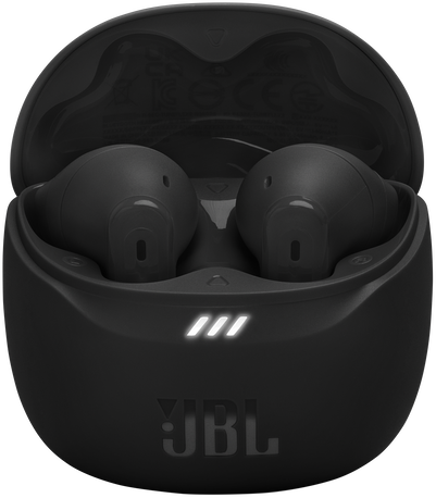 Fekete JBL fülhallgatók a töltőtokban, fényekkel és logóval.