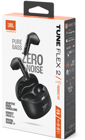 Fekete JBL Tune Flex 2 fülhallgató fehér-fekete dobozban.