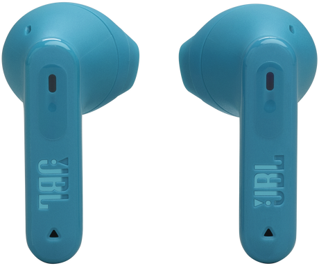 Egy pár türkizkék JBL fülhallgató. Mindegyiken a JBL logó és egy mikrofon port.