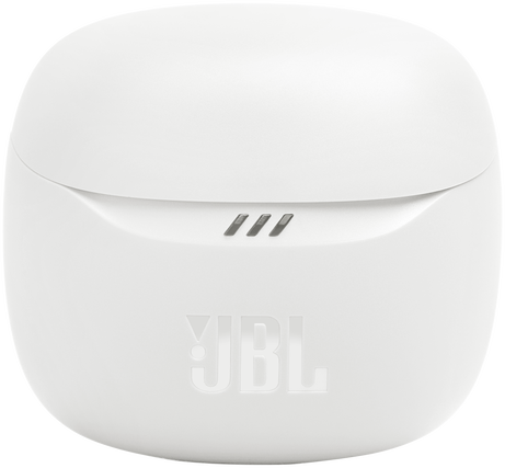 Fehér JBL töltőtok, JBL logóval és három jelzőfénnyel fehér felületen.