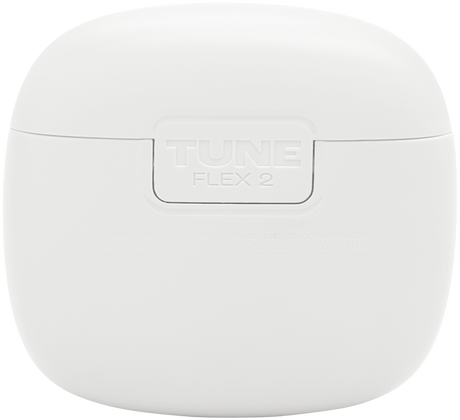 Egy fehér JBL Tune Flex 2 fülhallgató tok. A TUNE szó a tokra van nyomtatva.