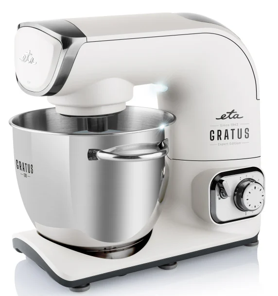 Fehér-ezüst konyhai mixer rozsdamentes acél tálal.