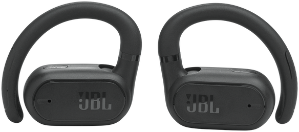 Fekete JBL fejhallgató pár fülhorgokkal, a márkát bemutatva.
