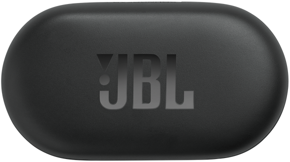 Fekete JBL fülhallgató töltőtok. A JBL logó látható a tokon. A tok ovális alakú.