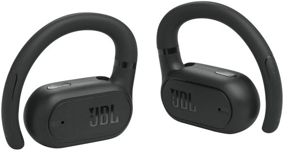 Két fekete JBL fülhallgató fülkampóval, oldalnézetből, látható JBL logóval.