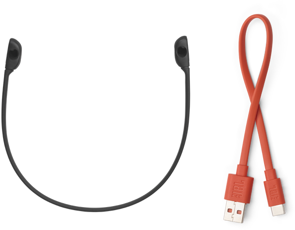 Fekete nyakpánt és piros USB kábelek fehér felületen, tiszta design, JBL márka látható.