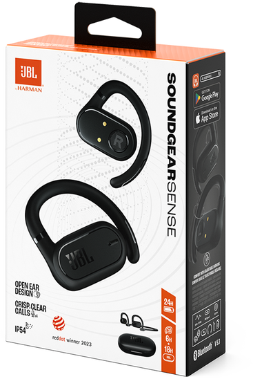 JBL Soundgear Sense fülhallgató doboz, fekete fülhallgatók.
