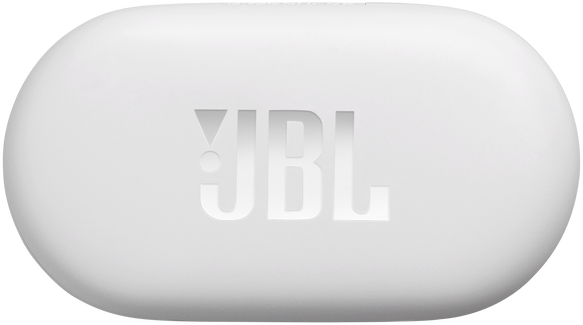 Egy fehér, ovális töltőtok a JBL logóval a közepén.