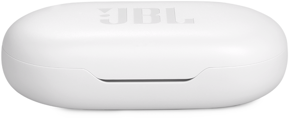 Fehér JBL fülhallgató tok, zárt. Felülnézet, fehér felületen.