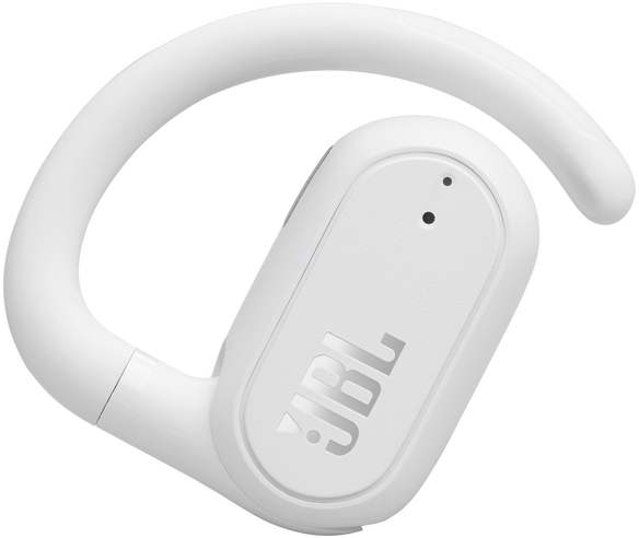 Fehér JBL sport fülhallgató, horog kialakítással, fekete háttérrel.