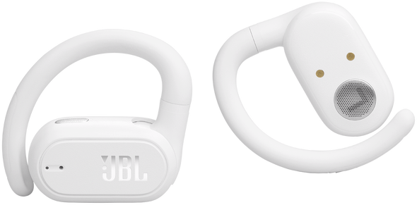 Két fehér JBL vezeték nélküli fülhallgató, ívelt dizájnnal.