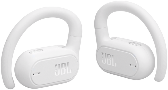Fehér JBL vezeték nélküli fejhallgató fülhorgokkal. A JBL logó látható.