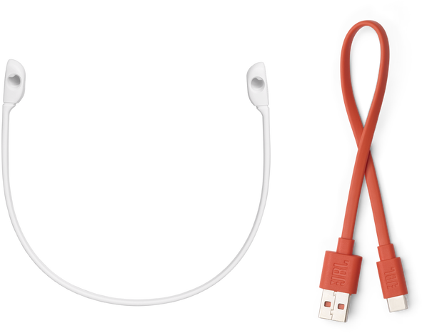 Fehér JBL fülhallgatók és egy narancssárga USB-C kábel fekete háttéren.
