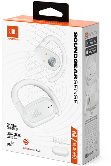 JBL Soundgear Sense fejhallgató fehér doboza termékadatokkal és képekkel.