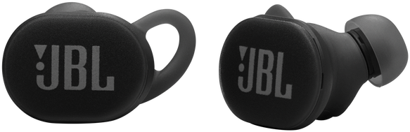 JBL vezeték nélküli fülhallgató. Fekete, JBL logóval. A fülhallgatók közeli képe.