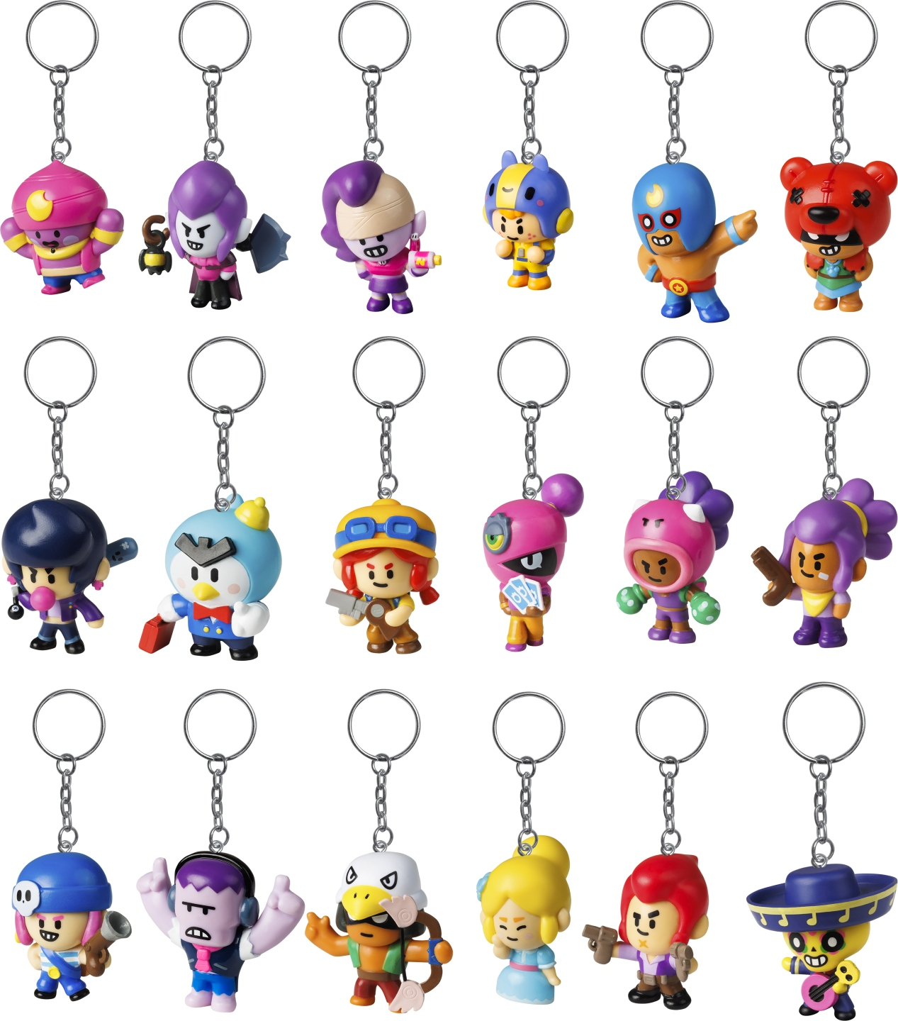 Sammlung von Brawl Stars Charakter-Schlüsselanhängern. Jeder Anhänger hat ein einzigartiges Charakterdesign mit Metallkette und Ring.
