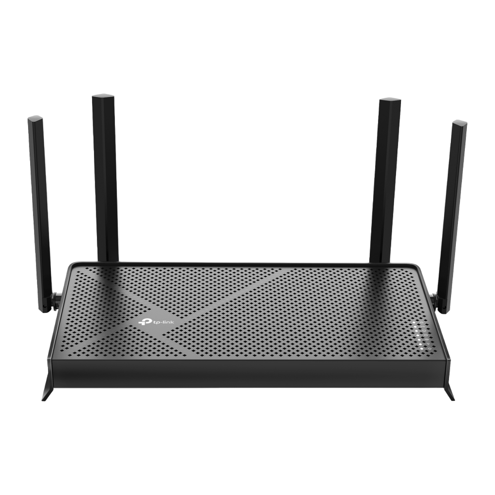 Schwarzer WLAN-Router mit vier Antennen. Das TP-Link-Logo und die vielen Löcher sind sichtbar.
