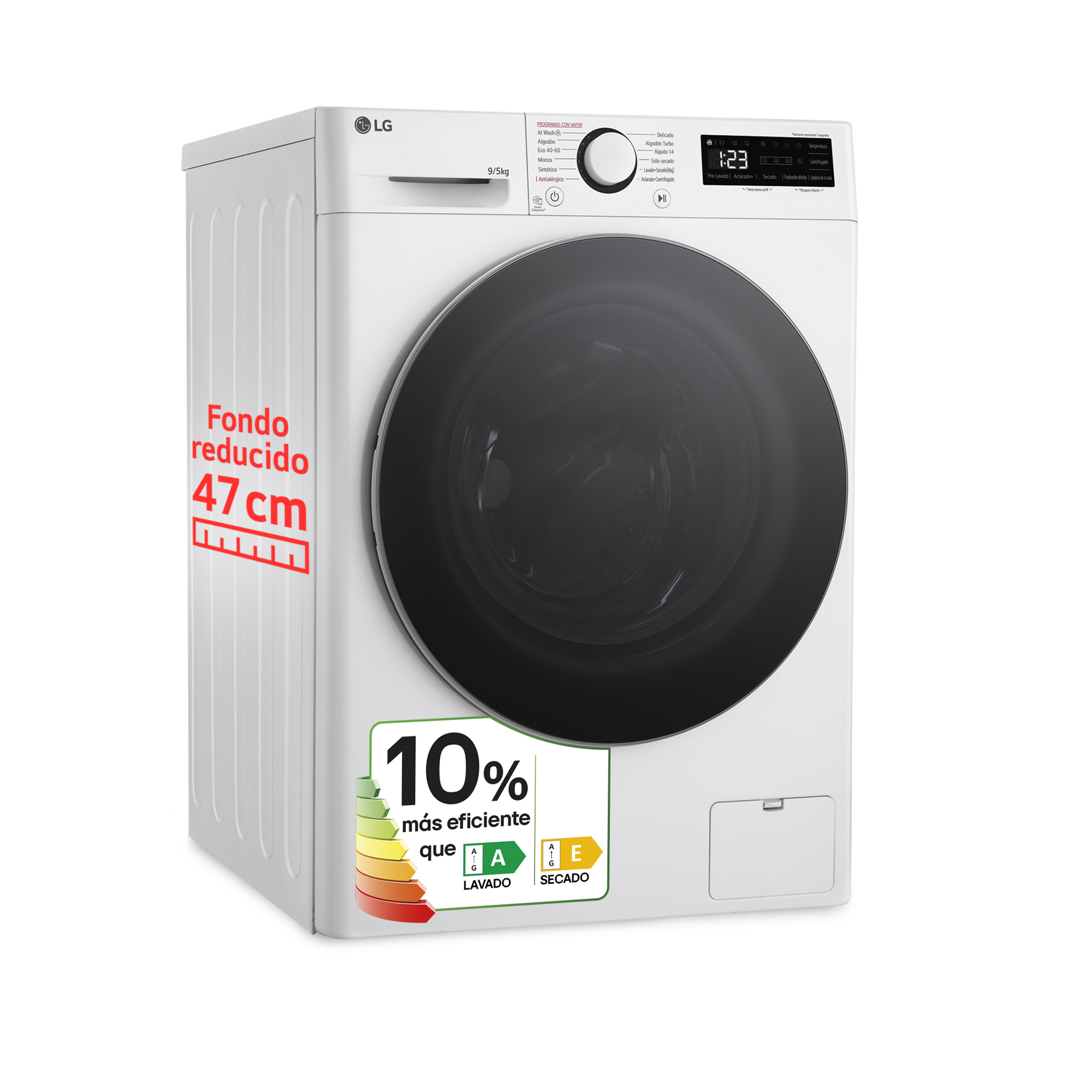 Una lavadora LG blanca con una gran puerta negra y un panel de control.
