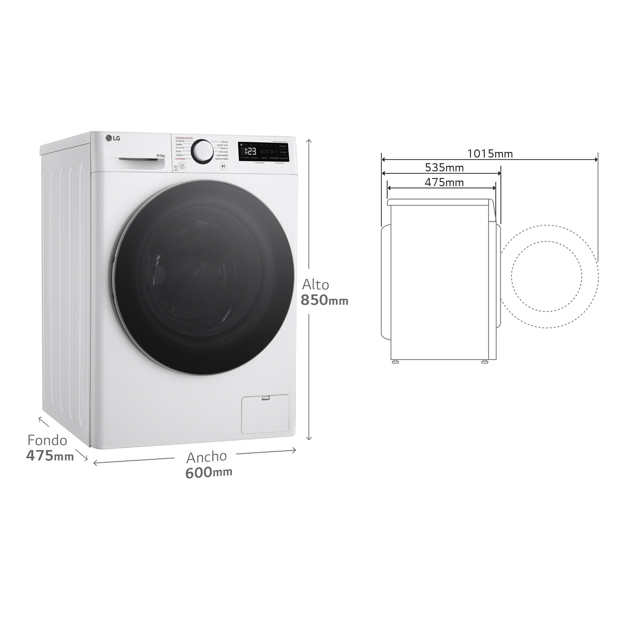 Lavadora LG blanca, dimensiones y diagrama sobre fondo blanco.